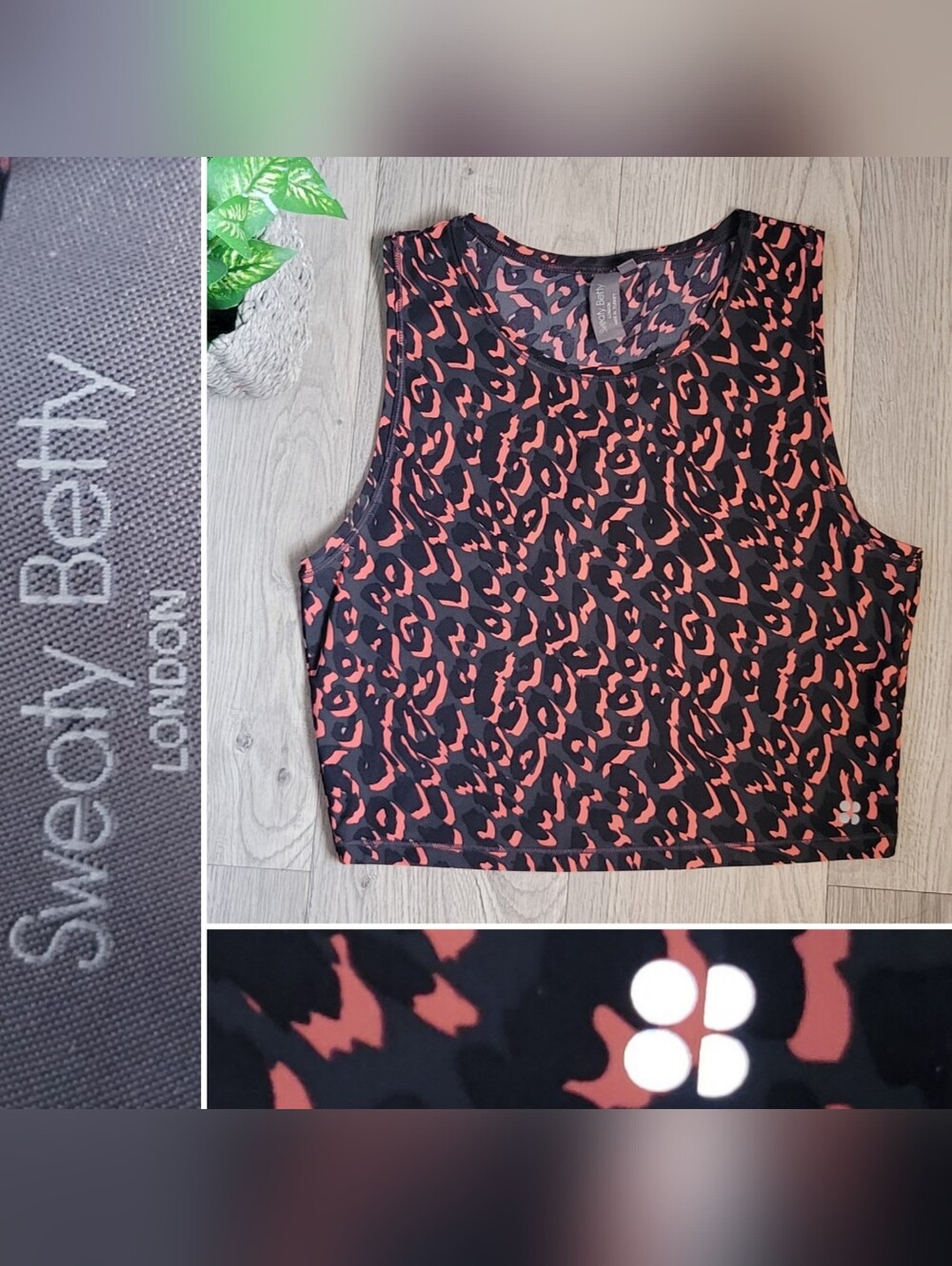 Sweaty Betty Neon Pink Coral & Black Cheetah Cropped Athletic Tank Top, Medium